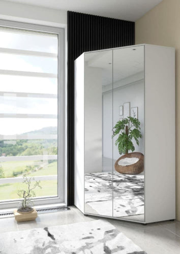 Cecily Full Mirrored and White 2 Door Corner Wardrobe