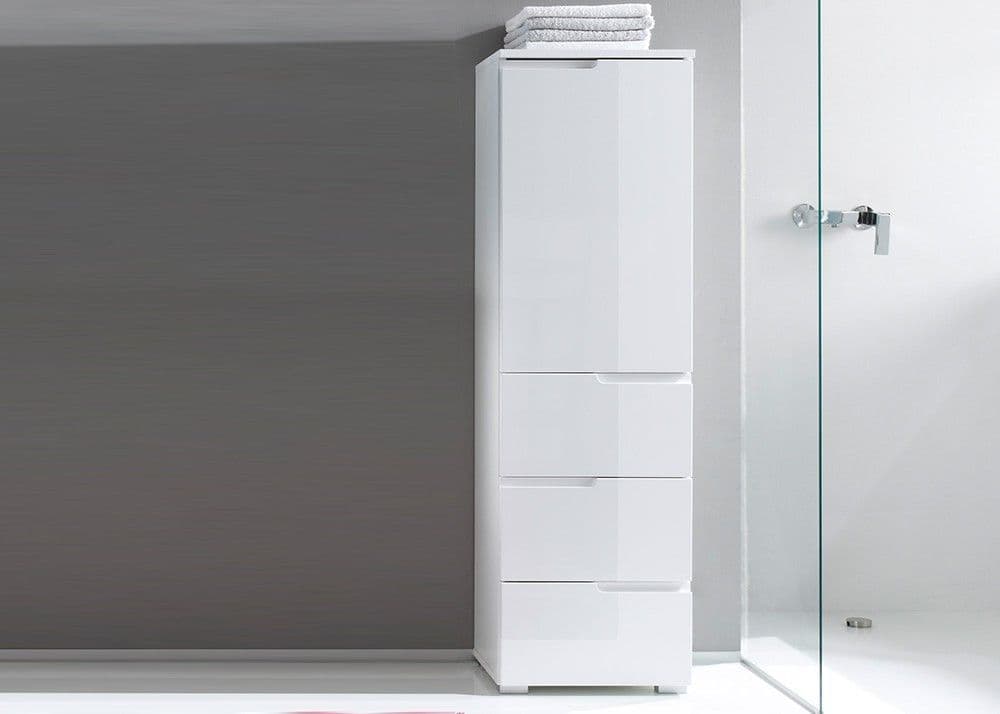 Cecily White Gloss Slim Tallboy Storage Unit with Cupboard and Drawers