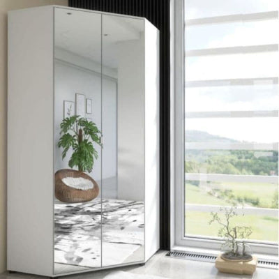 Cecily Full Mirrored and White 2 Door Corner Wardrobe